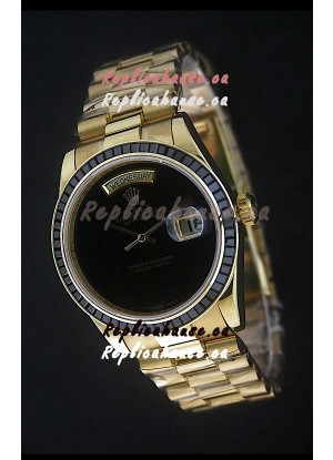 Rolex Day Date Just Japanese Replica Yellow Gold Watch in Black Dial