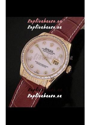 Rolex DateJust Swiss Mens Replica Yellow Gold Watch in White Mother of Pearl Dial
