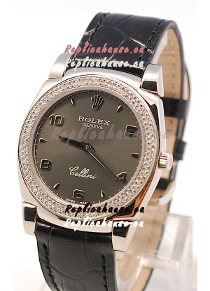 Rolex Cellini Cestello Ladies Swiss Watch in Grey Face and Diamonds Bezel 