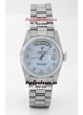 Rolex Day Date Silver Japanese Replica Watch in Mother Of Pearl Blue Dial