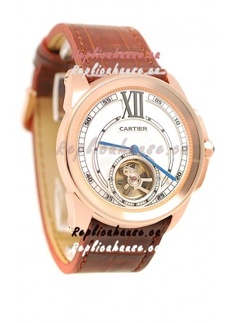 Calibre de Cartier Flying Tourbillon Japanese Replica Rose Gold Watch in Brown Strap