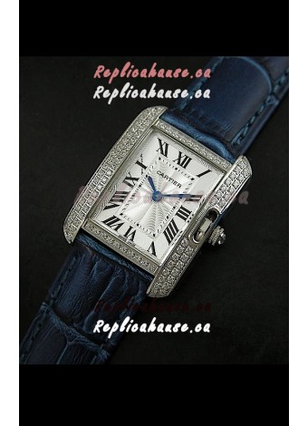 Cartier Louis Japanese Replica Ladies Diamond Watch in Blue Strap