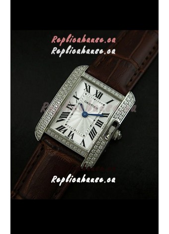 Cartier Louis Japanese Replica Ladies Diamond Watch in Brown Strap