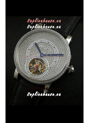 Cartier Ronde de Tourbillon Japanese Replica Diamond Watch in Black Strap