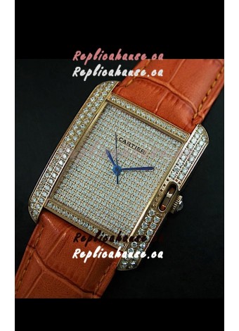 Cartier Tank Anglaise Ladies Replica Watch in Gold Case/Brown Strap