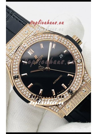 Hublot Classic Fusion Diamonds Rose Gold Black Dial Swiss Replica Watch 1:1 Mirror Quality 