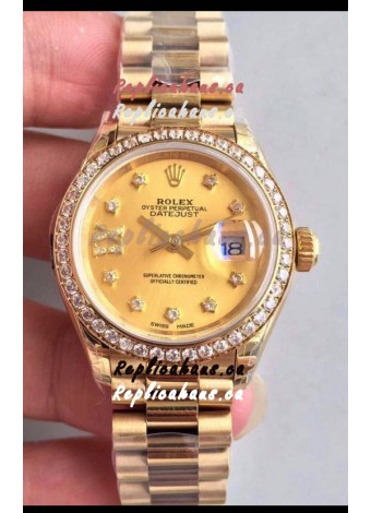 Rolex Datejust Ladies 28MM Cal.3135 Movement Swiss Replica in Gold Dial - 904L Steel Yellow Gold Case