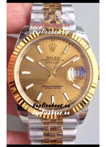 Rolex Datejust 41MM Cal.3135 Movement Swiss Replica Watch in 904L Steel Two Tone Casing Gold Dial