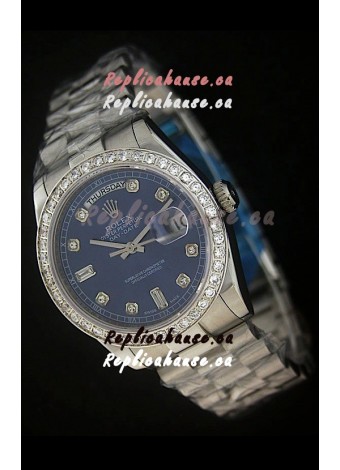 Rolex Day Date Just swiss Replica Blue Watch in Full Diamond Bezel