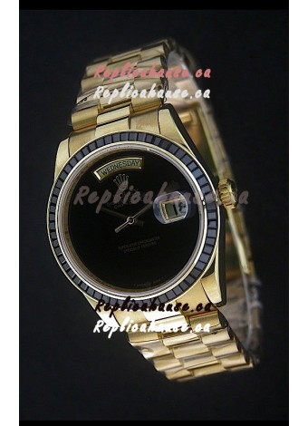 Rolex Day Date Just Japanese Replica Yellow Gold Watch in Black Dial