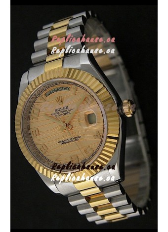 Rolex Day Date Just swiss Replica Two Tone Gold Watch in Golden Stripe Pattern Dial 