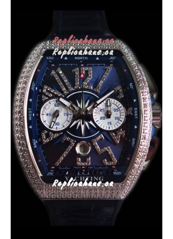 Franck Muller Vanguard Chronograph 904L Steel Blue Dial with Diamonds Swiss Watch 