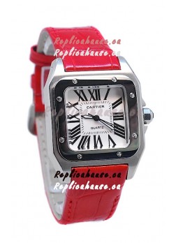 Cartier Santos 100 Japanese Ladies Replica Watch in Red Strap