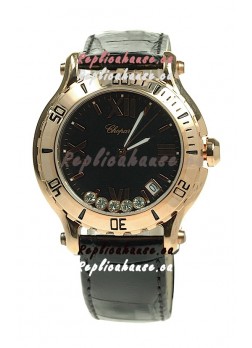 Chopard Happy Sport Diamonds Edition Replica Gold Watch in Black Strap
