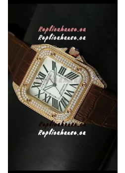 Cartier Santos 100 1:1 Mirror Replica Rose Gold Diamonds Watch 42MM