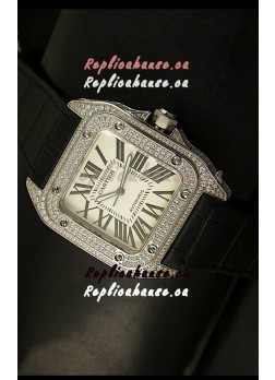 Cartier Santos 100 1:1 Mirror Replica Steel Diamonds Watch Mens Size 42MM