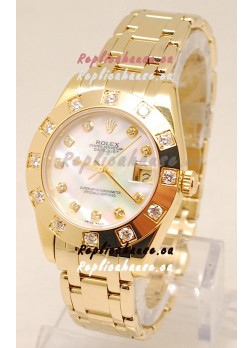 Rolex Datejust Pearlmaster Japanese Replica Gold Watch in White Pearl Dial -34MM