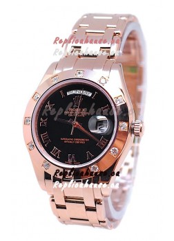 Rolex Day Date Rose Gold Swiss Replica Watch in Black Dial