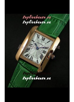 Cartier Louis Japanese Replica Ladies Rose Gold Watch in Green Strap