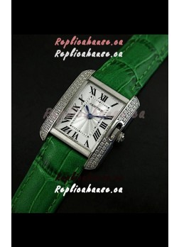 Cartier Louis Japanese Replica Ladies Diamond Watch in Green Strap