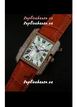 Cartier Louis Japanese Replica Ladies Rose Gold Diamond Watch in Orange Strap