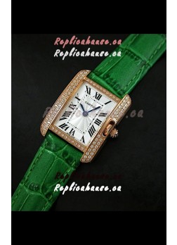 Cartier Louis Japanese Replica Ladies Rose Gold Diamond Watch in Green Strap