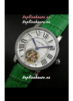 Cartier Ronde de Tourbillon Japanese Replica Diamond Watch in Green Strap