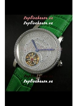 Cartier Ronde de Tourbillon Japanese Replica Diamond Watch in Green Strap