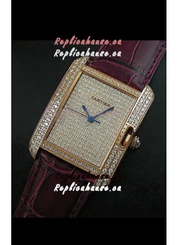 Cartier Tank Anglaise Ladies Replica Watch in Gold Case/Maroon Strap