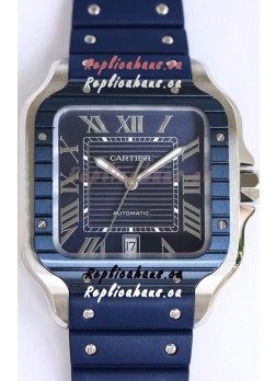 Santos De Cartier 1:1 Blue DLC Bezel Swiss Replica Watch 40MM - Rubber Strap