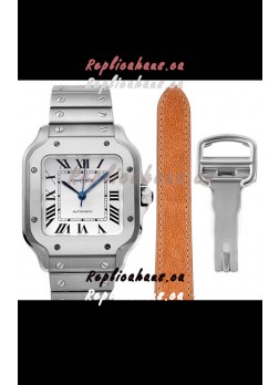 Cartier "Santos De Cartier" Mens XL 1:1 Mirror Replica Watch in Stainless Steel Casing - White Bezel