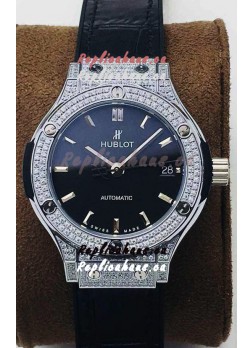 Hublot Classic Fusion Diamonds Steel Black Dial 38MM Swiss Replica Watch 1:1 Mirror Quality