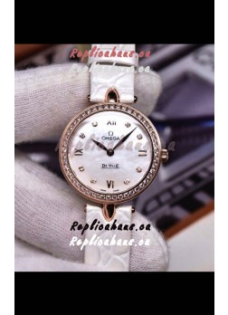 Omega De Ville Prestige Dewdrop Edition Swiss Quartz Watch in Rose Gold White Strap