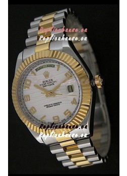 Rolex Day Date Just Japanese Replica Two Tone Gold Watch in White Stripe Pattern Dial