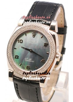 Rolex Cellini Cestello Ladies Swiss Watch in Black Pearl Face Diamonds Bezel and Lugs