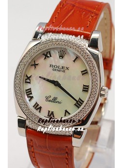 Rolex Cellini Cestello Ladies Swiss Watch in White Pearl Face Diamonds Bezel and Lugs