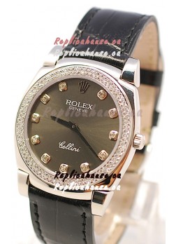 Rolex Cellini Cestello Ladies Swiss Watch in Matte Black Face and Diamond Markers
