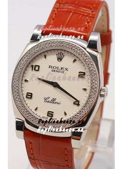 Rolex Cellini Cestello Ladies Swiss Watch in White Face Diamonds Bezel